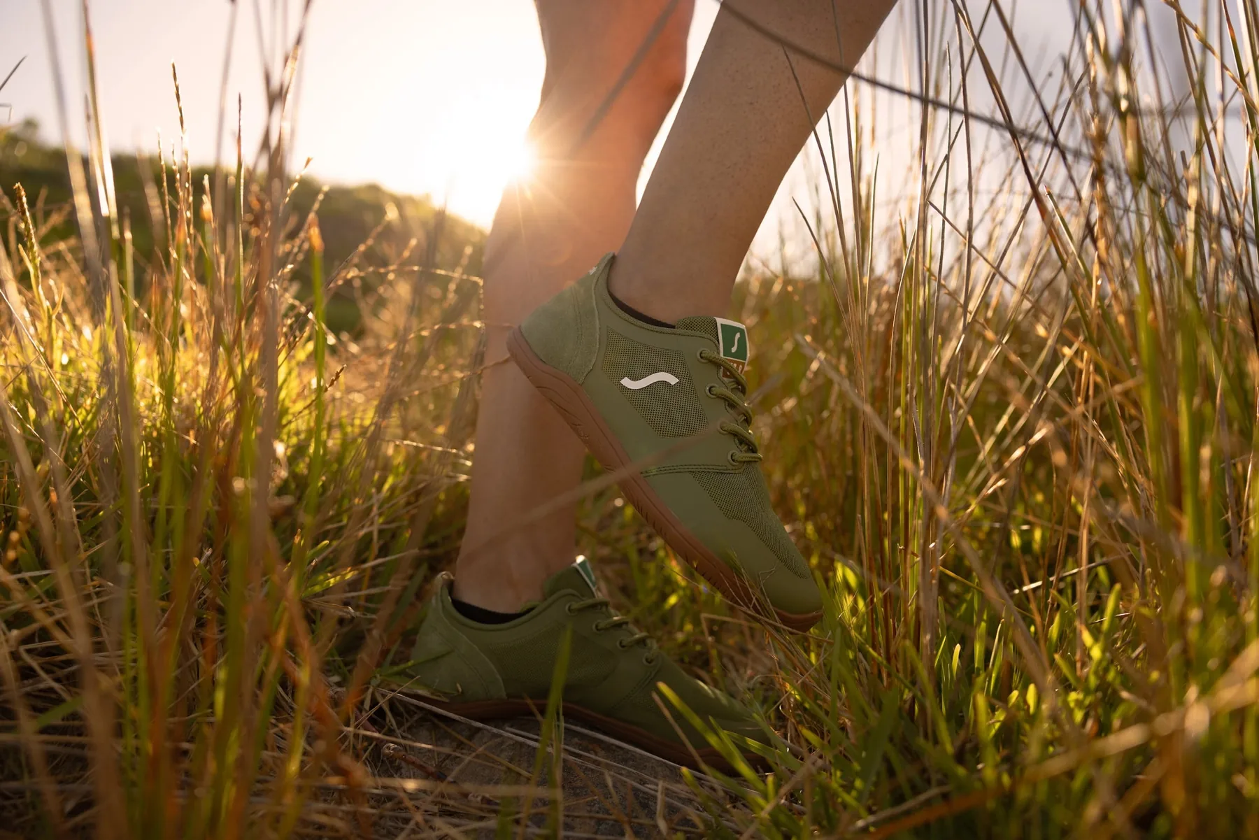 Barefoot shoe stepping through golden grass at sunset